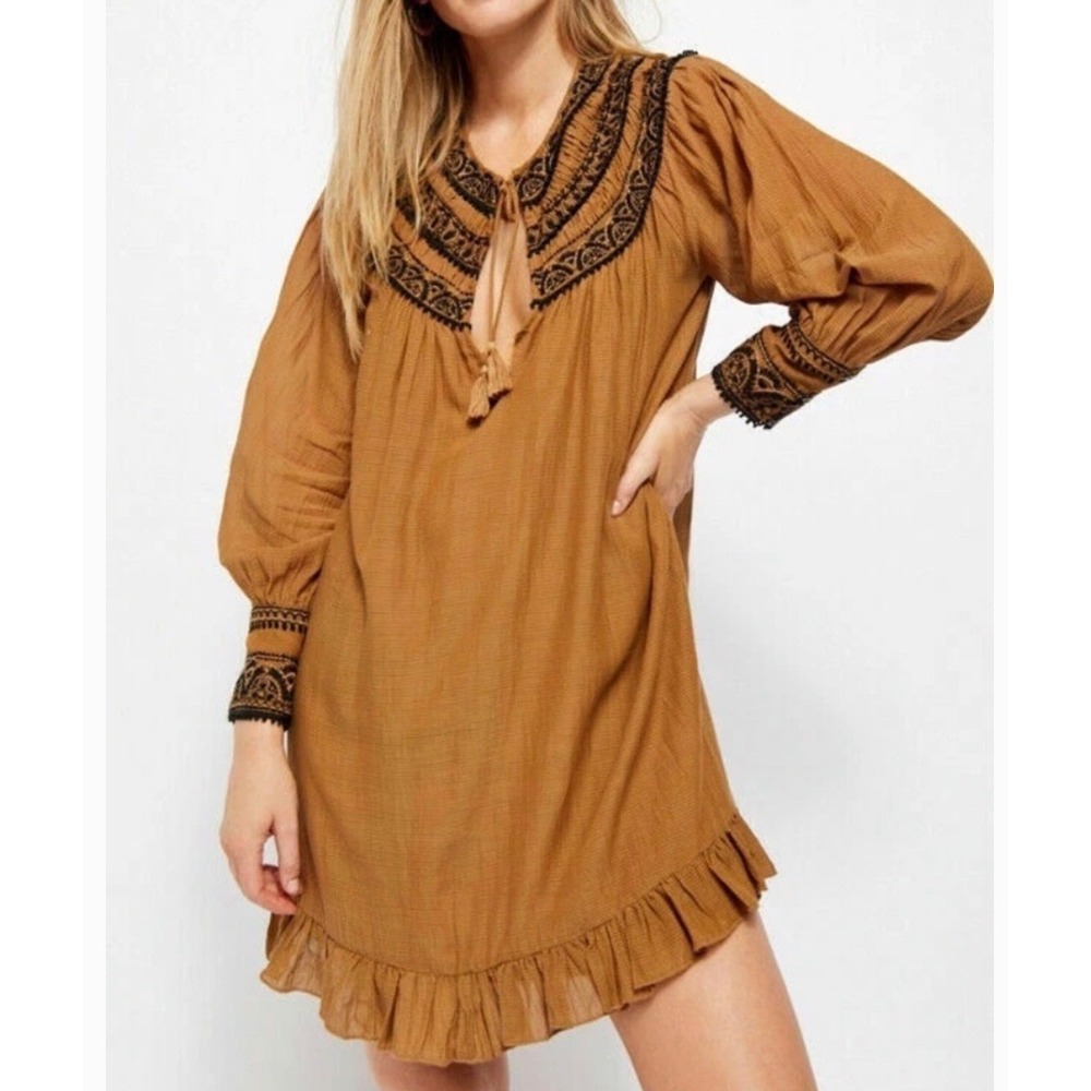 Free People Embroidered Tassel Boho‎ Mini Dress Brown Black m whimsi cottage Y2K